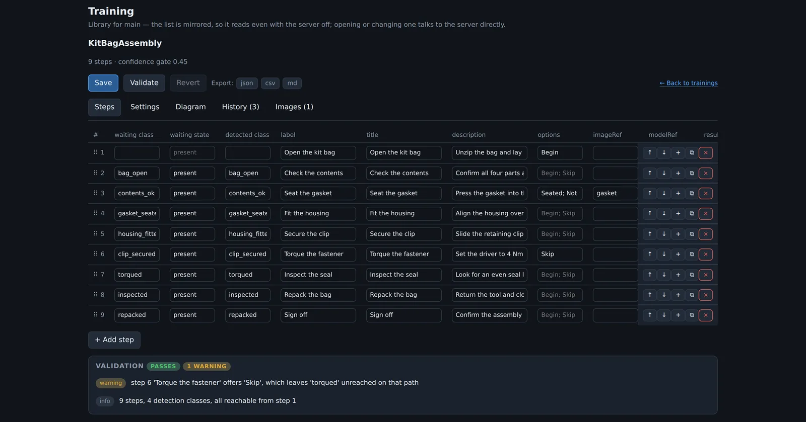 The training authoring tool with a step grid and a validation report