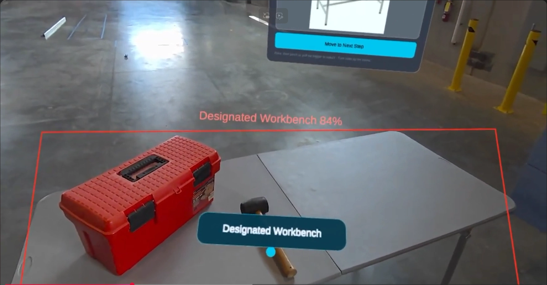 The headset view with the step panel, a target box on the part and the hand menu