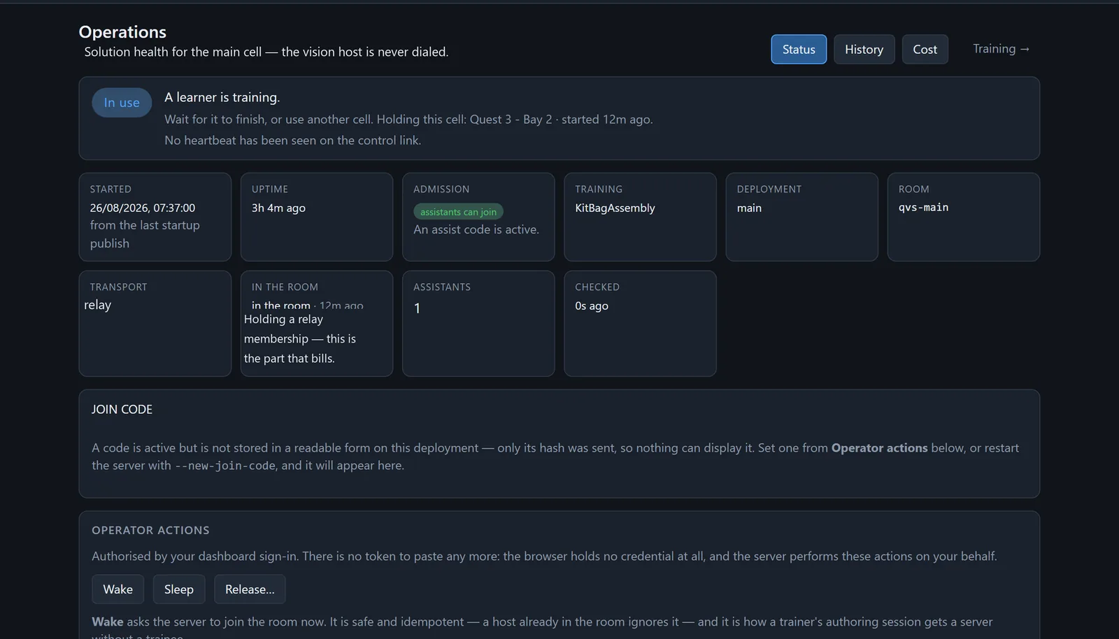 The operations dashboard with a status badge, session details and operator actions